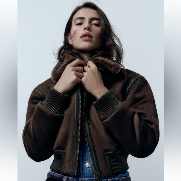 Zara double faced jacket aviator bomber coat faux fur suede brown XS 6318/239 - Picture 9 of 16